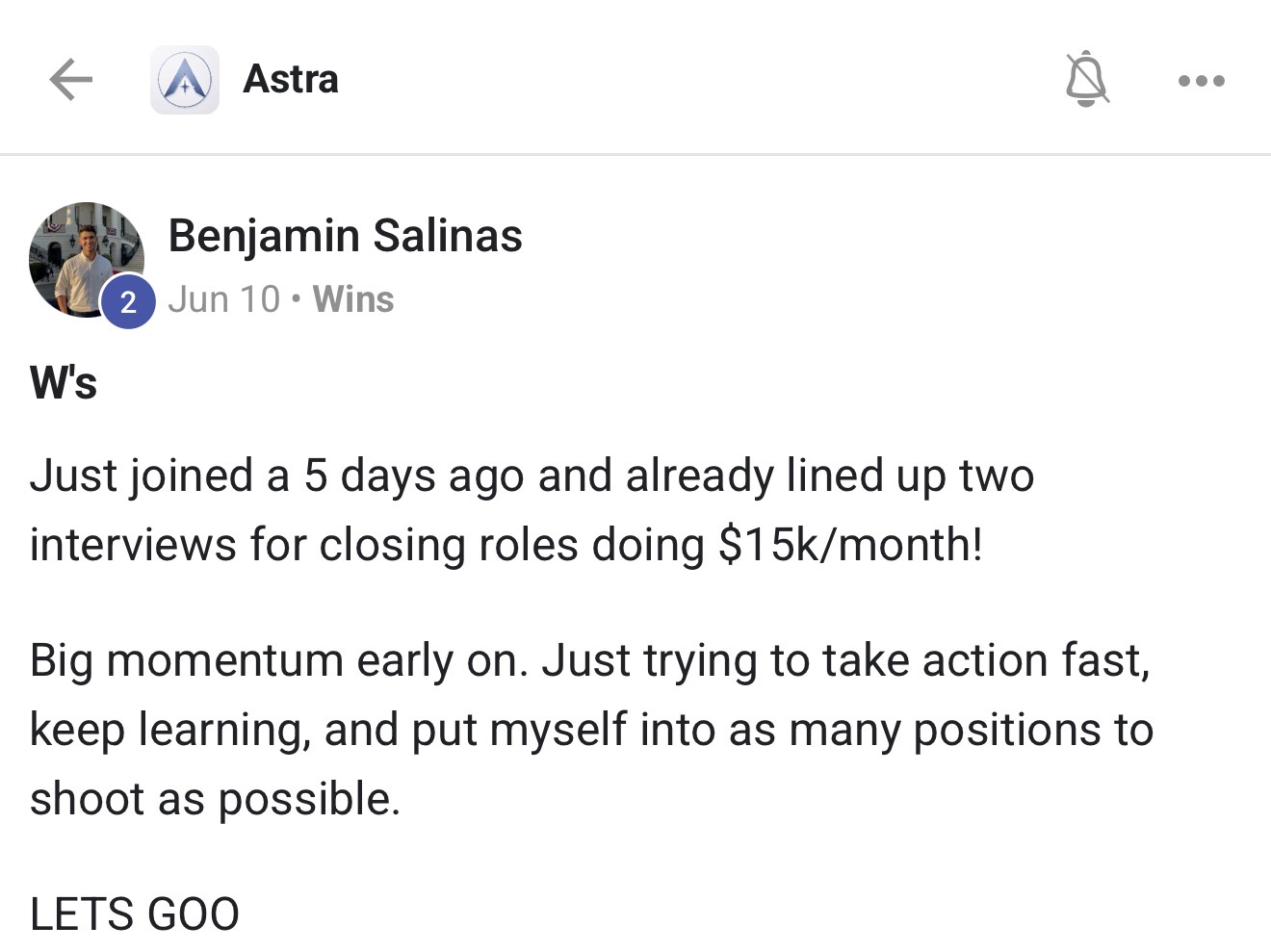Community member sharing interviews lined up for closing roles